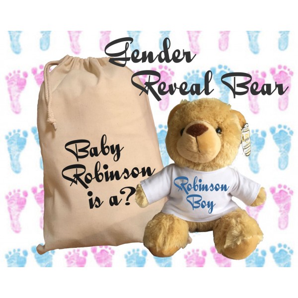 Personalised Gender Reveal Teddy Bear With Matching Gift Bag - Baby Robinson Design - Boy Girl